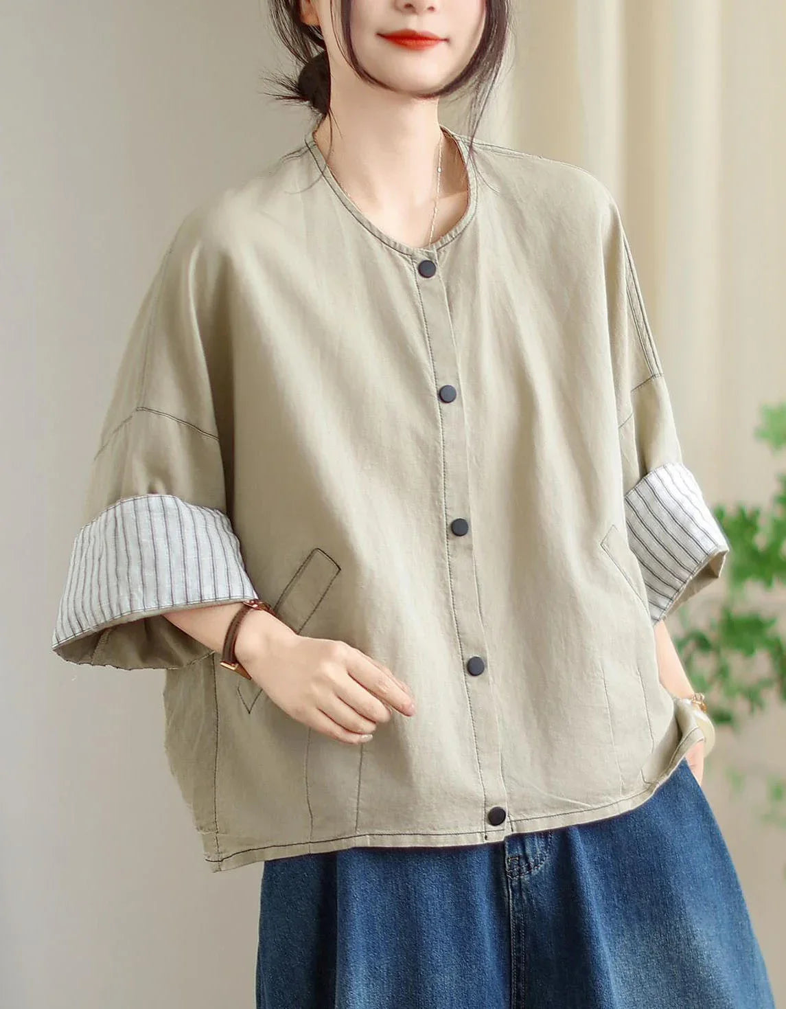 Vintage Comfortable Folded Cuffs Linen Button Jacket - Islinen