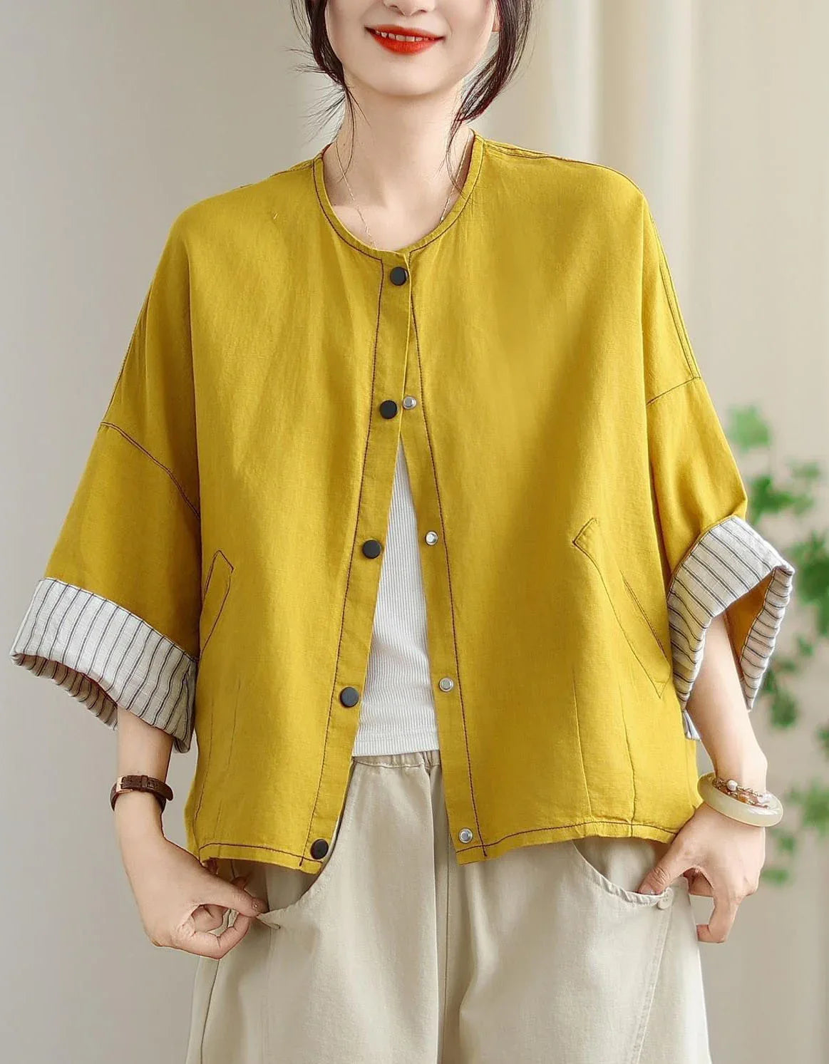 Vintage Comfortable Folded Cuffs Linen Button Jacket - Islinen