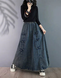 Vintage Comfortable Side Button Maxi Jean Skirt - Islinen