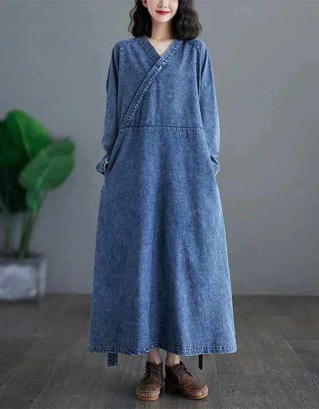Vintage Comfortable Tie Belt Denim Wrap Dress - Islinen