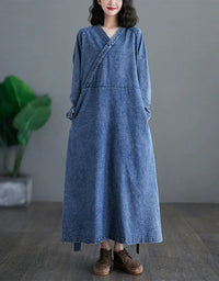 Vintage Comfortable Tie Belt Denim Wrap Dress - Islinen