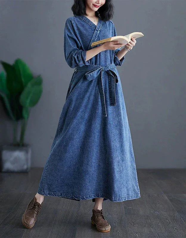 Vintage Comfortable Tie Belt Denim Wrap Dress - Islinen