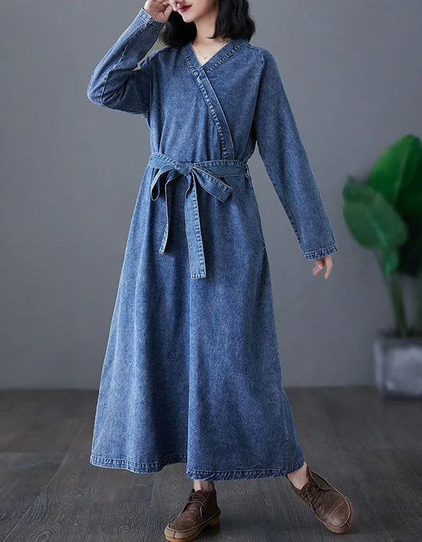 Vintage Comfortable Tie Belt Denim Wrap Dress - Islinen