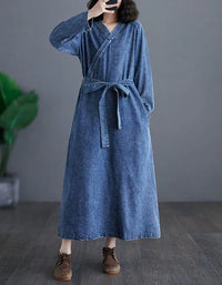 Vintage Comfortable Tie Belt Denim Wrap Dress - Islinen