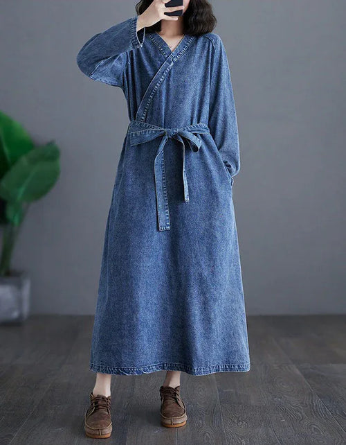 Vintage Comfortable Tie Belt Denim Wrap Dress - Islinen