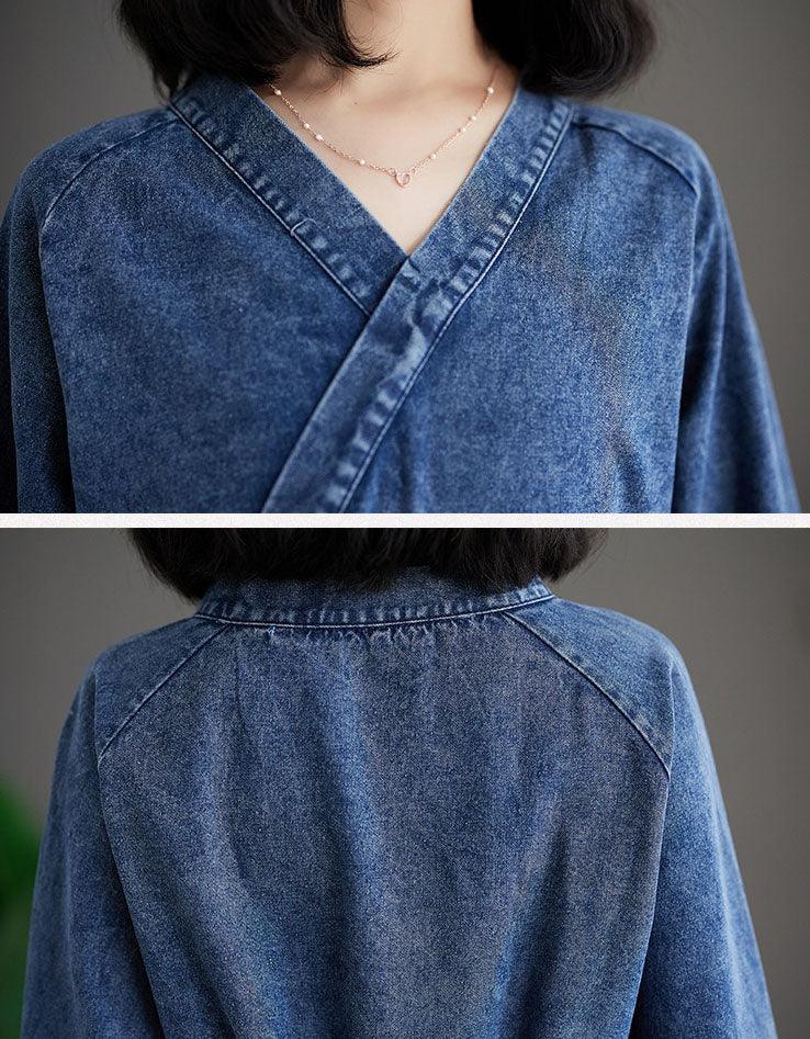 Vintage Comfortable Tie Belt Denim Wrap Dress - Islinen