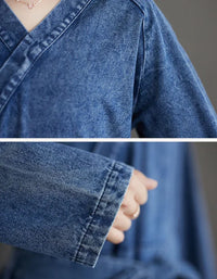 Vintage Comfortable Tie Belt Denim Wrap Dress - Islinen