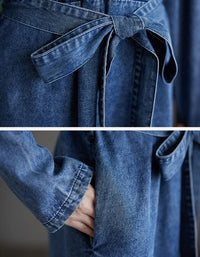 Vintage Comfortable Tie Belt Denim Wrap Dress - Islinen