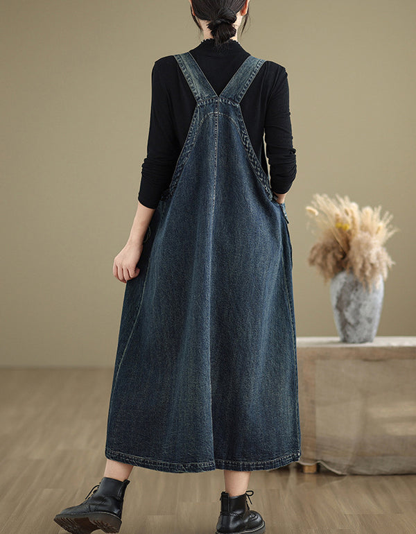 Vintage Cross‑Back Casual Denim Maxi Dress