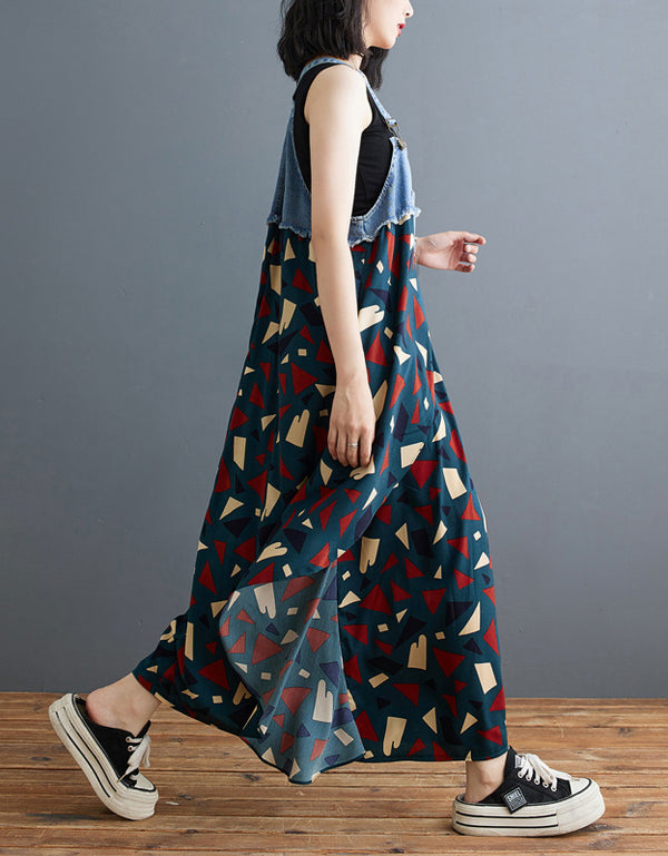 Vintage Denim Patchwork Sleeveless Maxi Dress