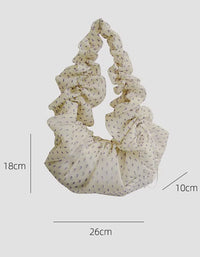Cream fabric ruffle scrunchie shoulder bag with tiny purple print, small hobo shape shown with 26 cm width and 18 cm height