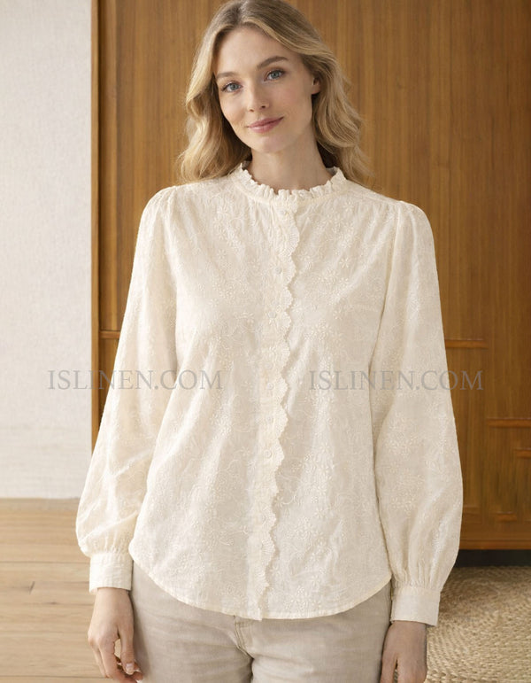 Women’s Elegant Floral Lace Button-Up Blouse in Cream
