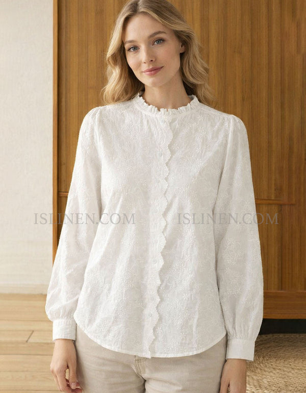 Delicate Floral Embroidered Blouse for Women in Cream