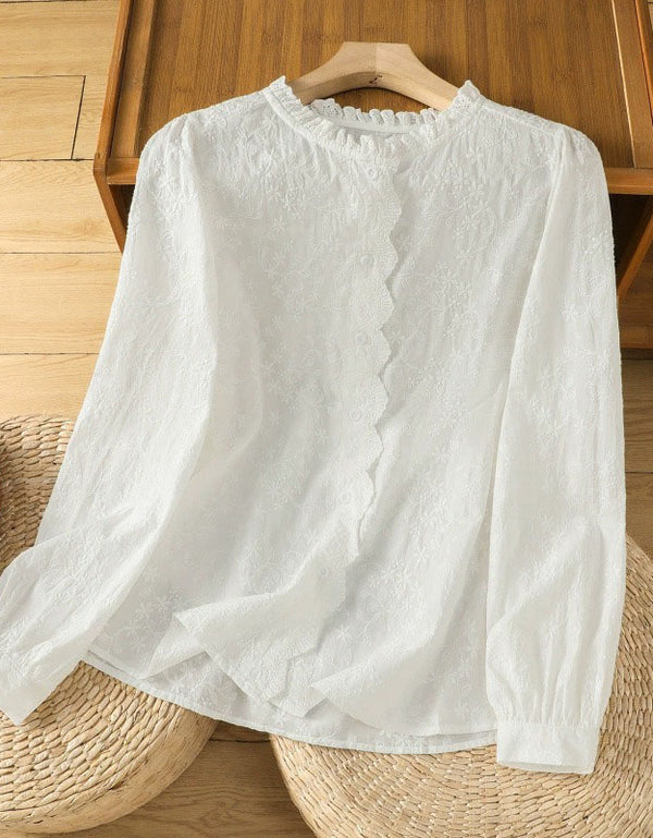 White Floral Lace Blouse with Button Details for Women