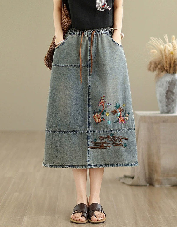 Women’s boho embroidered denim skirt with elastic waistband