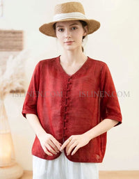 Women Linen Button Front Blouse Short Sleeve Top