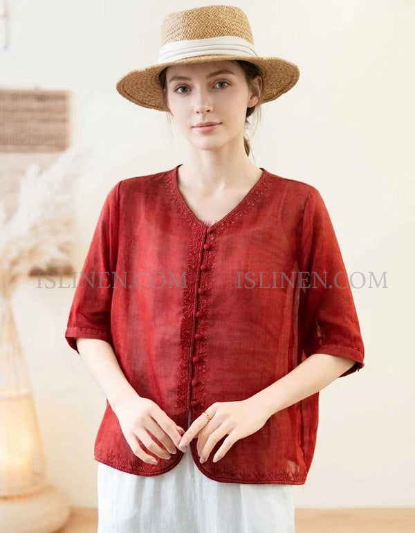 Women Linen Button Front Blouse Short Sleeve Top