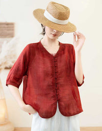 Casual Linen Summer Blouse Women Button Front Top