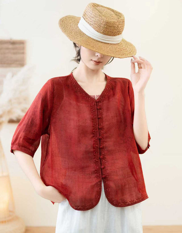Casual Linen Summer Blouse Women Button Front Top