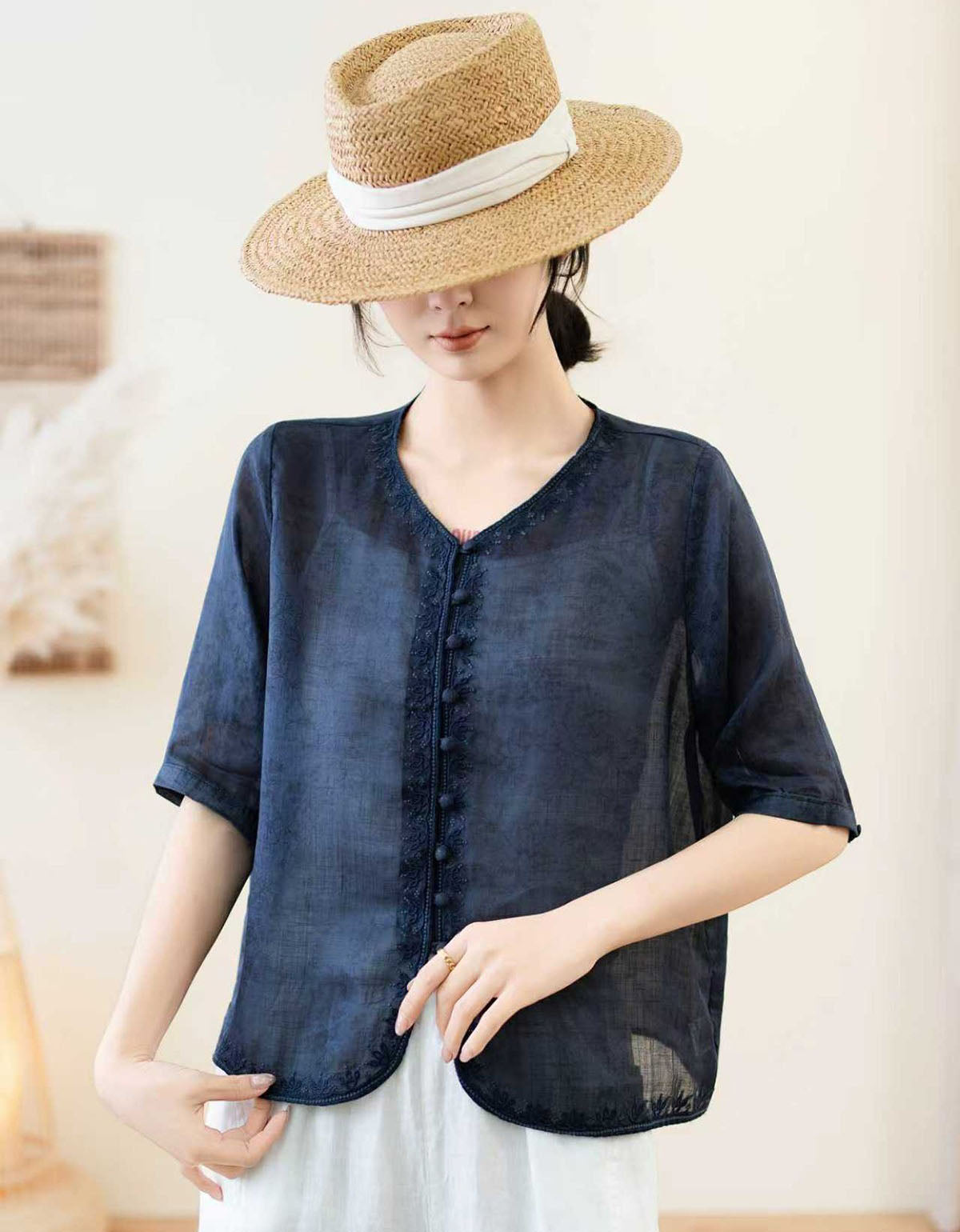 Breathable Linen Button Top Women Relaxed Fit Blouse