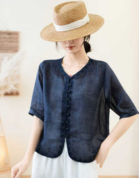 Vintage Style Linen Button Blouse Short Sleeve Shirt