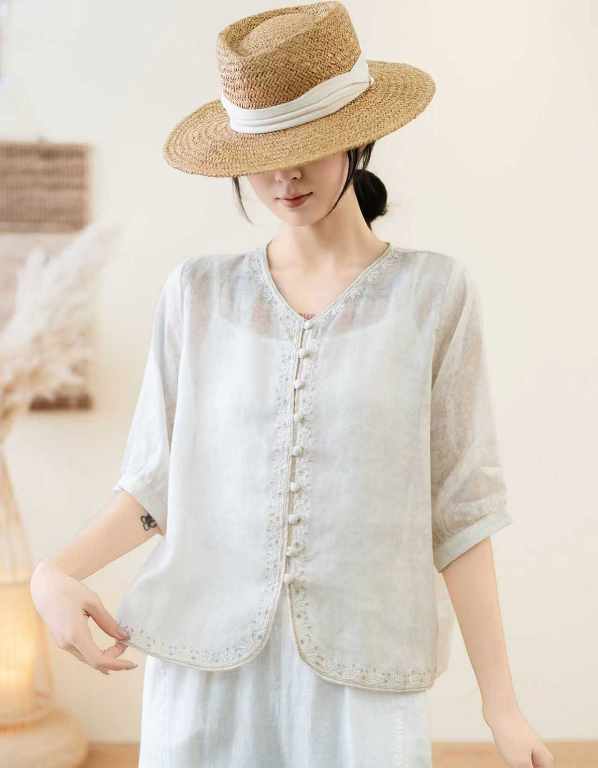 Vintage Style Linen Button Blouse Short Sleeve Shirt