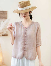 Women Linen Short Sleeve Button Blouse Casual Wear