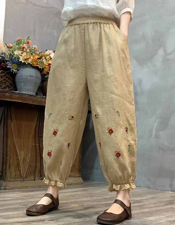 Vintage Embroidered Lace Hem Linen Pants