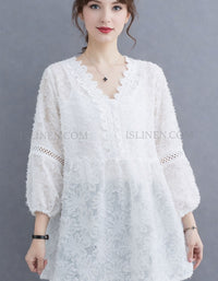 Vintage Embroidered Lace V-Neck Blouse for Women