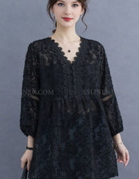 Vintage Embroidered Lace V-Neck Blouse for Women