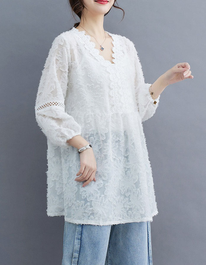Vintage Embroidered Lace V-Neck Blouse for Women