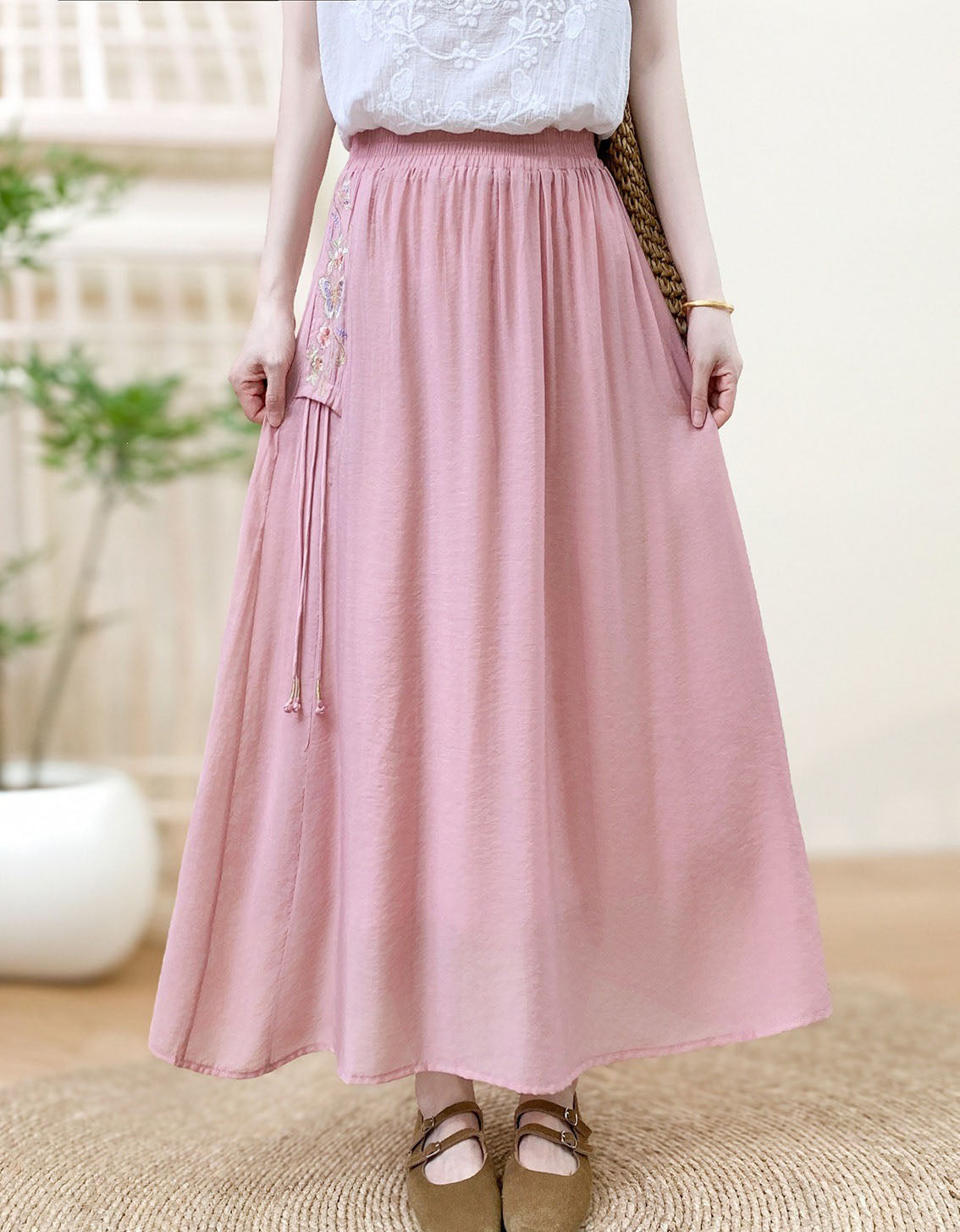 Elegant Purple A-Line Long Skirt for Women – Elastic Waist Casual Cottagecore Maxi Skirt