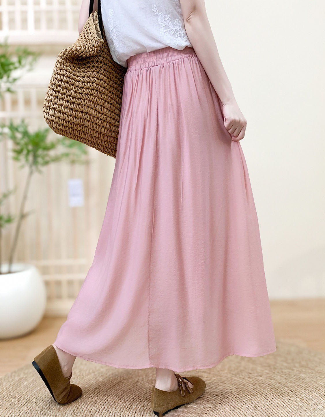 Elegant purple A-line long skirt with embroidered detail and elastic waistband