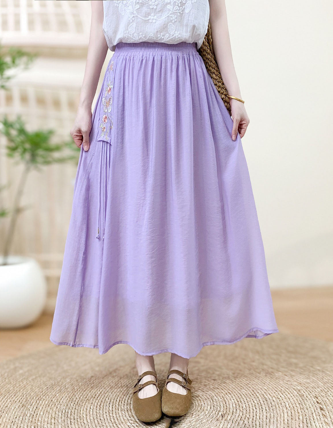 Women’s Lavender Maxi Skirt – Embroidered High Waist Flowy Boho Summer Skirt