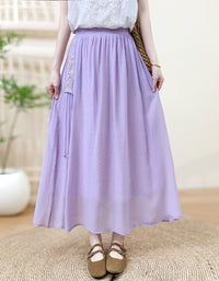 Women’s Lavender Maxi Skirt – Embroidered High Waist Flowy Boho Summer Skirt
