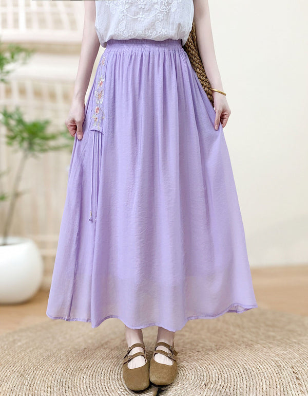 Women’s Lavender Maxi Skirt – Embroidered High Waist Flowy Boho Summer Skirt