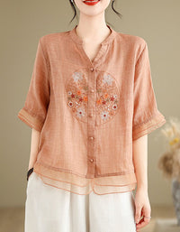 Women’s embroidered linen blouse with short sleeves and button front
