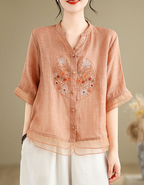Women’s embroidered linen blouse with short sleeves and button front