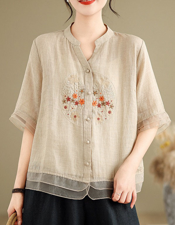 Breathable linen embroidered top women summer wear