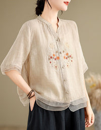 Side view of breathable linen embroidered top women summer wear