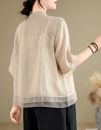 Back view of casual embroidered linen shirt women natural fiber