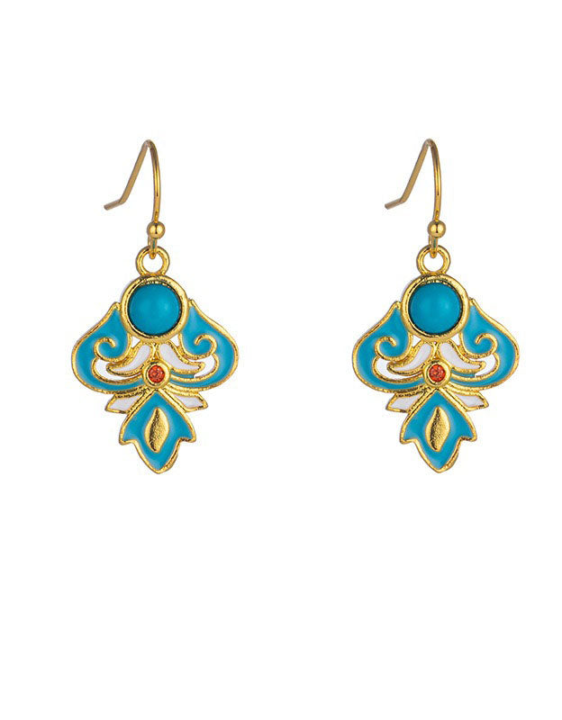 Enamel turquoise earrings with gold and pink accents for women close-up