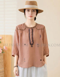 Women’s Boho Embroidered Blouse – Loose Fit Linen 3/4 Sleeve Summer Top