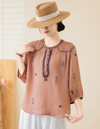 Vintage Embroidered Linen Top – Women’s Casual Loose Fit Boho Blouse