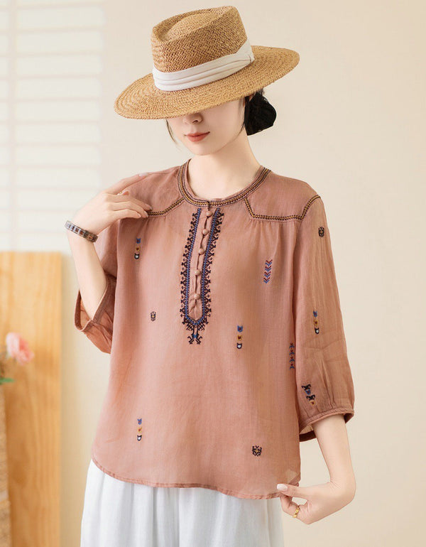 Vintage Embroidered Linen Top – Women’s Casual Loose Fit Boho Blouse