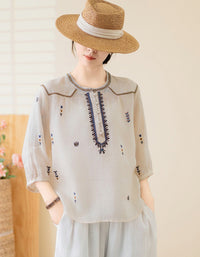 Women’s Ethnic Embroidery Blouse – Breathable Linen 3/4 Sleeve Top