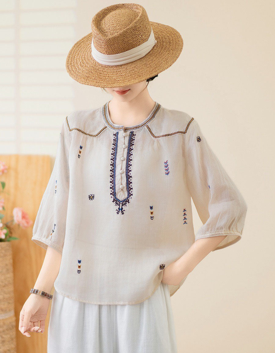 Casual Linen Blouse for Women – Vintage Embroidered Loose Fit Shirt