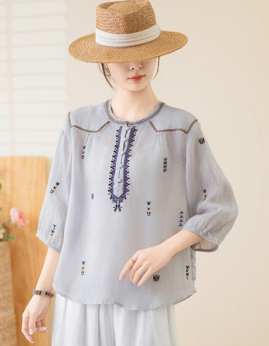 Women’s Summer Boho Top – Embroidered Linen Loose Fit Blouse
