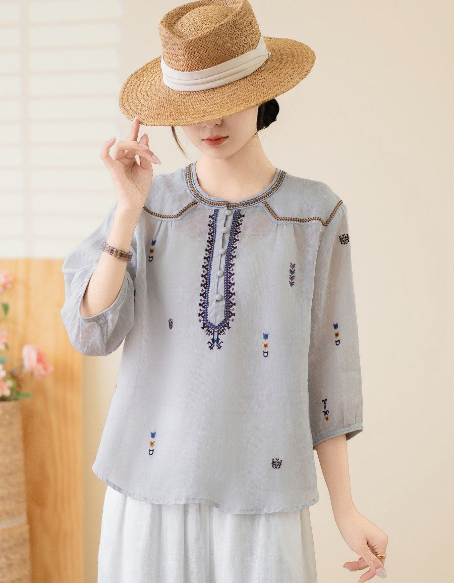 Women’s embroidered linen blouse loose fit 3/4 sleeve boho top front view