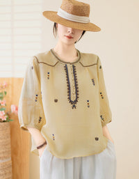 Vintage style embroidered summer blouse breathable linen fabric